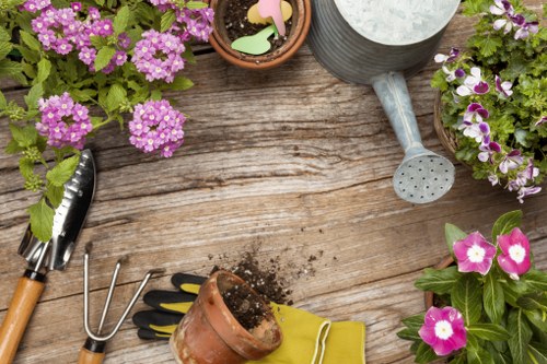 Gardener maintaining a neat residential garden in Leyton